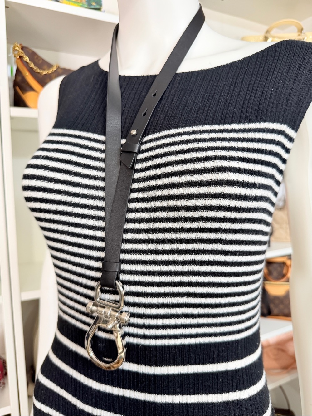 Prada Rare Black Leather Key Leash Lanyard Keychain Strap